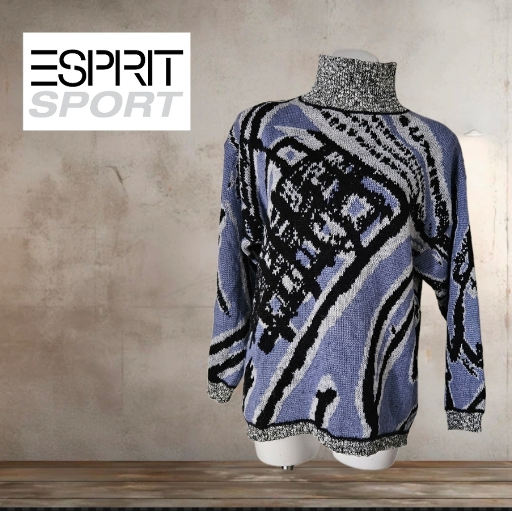 Esprit Sweater in Periwinkle, Black & Gray Abstract Knit Turtleneck